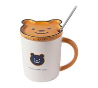 CAPIJIONG 430ml hand-painted bear ceramic mug Korean version with lid spoon cute cartoon couple water cup for office home restaurant-A bear (with a lid spoon)