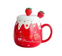 CAPIJIONG 450ml/15oz Cute Ceramic Mug With Lid Couple Home Office Breakfast Coffee Milk Cup-Red Strawberry Three (Fruit Spoon)