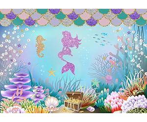 CapiSco 5 x 3 ft Mermaid Backdrop Little Mermaid Background for Girll's Birthday Party Beautiful Underwater World Water Grass Starfish Shell Purple Mermaid and Gold Little Hippo Backdrop SCO113A
