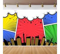 CapiSco Cartoon Super City Backdrop 7x5FT Superhero Photoshoot Comic Urban Skyline City Boom Super City Photography Background for Super Hero Themed Party Supplies Birthday Decorations Banner