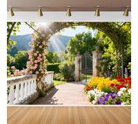 CapiSco Spring Garden Backdrop 7x5FT Vintage Garden Architecture Pillars Blooming Flowers Background for Outdoor Birthday Bridal Shower Party Decorations Romantic Secret Garden Backdrops