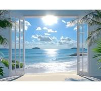 CapiSco Tropical Island Backdrop with Palm Trees and Ocean Waves Polyester Photography Background Suitable for Christmas, New Year, and Summer Events 7x5FT