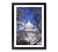 Capitol Hill & Cherry Blossom Tree Painting Framed Print | A2 Black Framed Wall Art | Ready to Hang | Modern Floral Picture | Living Room Bedroom Lounge Office