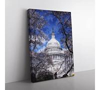 Capitol Hill & Cherry Blossom Tree Painting Modern Canvas Wall Art Print Ready to Hang, Framed Picture for Living Room Bedroom Home Office Décor, 50x35 cm (20x14 Inch)