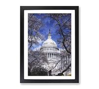 Capitol Hill & Cherry Blossom Tree Painting Modern Framed Wall Art Print, Ready to Hang Picture for Living Room Bedroom Home Office Décor, Black A2 (64 x 46 cm)