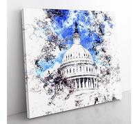 Capitol Hill & Cherry Blossom Tree Watercolour Modern Canvas Wall Art Print Ready to Hang, Framed Picture for Living Room Bedroom Home Office Décor, 50x50 cm (20x20 Inch)