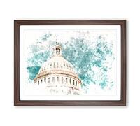 Capitol Hill White House Watercolour Modern Framed Print | A2 Walnut Framed Wall Art | Ready to Hang | Modern Historical Picture | Living Room Bedroom Lounge Office