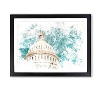 Capitol Hill White House Watercolour Modern Framed Print | A4 Black Framed Wall Art | Ready to Hang | Modern Historical Picture | Living Room Bedroom Lounge Office
