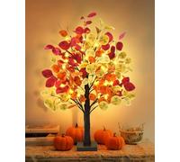 Caplidou 24 Inch Fall Tree with Lights, Fall Light Up Eucalyptus Table Tree 24 LED Artificial Lighted Fall Tree with Timer for Autumn Thanksgiving Birthday Centerpieces Indoor Outdoor Home Decor