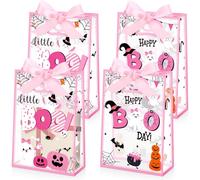Capoda 24 Pcs Pink Halloween Party Gift Bags Little Boo Clear Plastic with Die Cut Handles Reusable Trick or Treat Candy Party Favors Bags with Ribbon for Pink Halloween Baby Shower Birthday Supplies