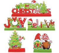 Capoda 5 Pcs Christmas Table Signs Decorations Merry Christmas Wooden Table Centerpieces Red and Green Joy Believe Tabletop Ornament Desktop Decor for Xmas Holiday Party Home Decorations Supplies