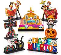 Capoda 7 Pcs Day of The Dead Table Centerpiece Decorations Dia De Los Muertos Party Decor Day of The Dead Wooden Dancing Couple Sugar Skull Decor Tabletop Detachable Sign for Halloween Mexican Party