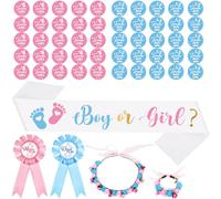 Capoda Boy or Girl Gender Reveal Sash Pink Blue Mom and Dad to Be Pins with Flower Crown Wristband 50 Team Boy Girl Button Pins for Baby Shower Gender Reveal Party Games Pregnancy Parents Props Gifts