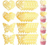 Capoda Happy Mother's Day Cupcake Toppers 24 Pcs Glitter Gold Acrylic Mother's Day Cupcake Picks with Heart, Butterfly, Rose, Reusable Cake Dessert Toppers Decor for Party Supplies Baking Decor