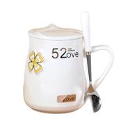 Cappuccino Cup 480Ml Simple Ceramic Embossed Flower Coffee Cup with Lid and Spoon Couple Gift Mug - Yellow