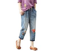 Capri Jeans Women's with Embroidery Jeans Flowers Embroidery Frayed Look Capri Trousers with Drawstring and Pockets Denim Trousers Elastic Waist Baggy Casual Trousers High Waist Everyday Trousers, red