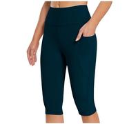 Capri Leggings for Women High Waisted Tummy Control Knee Length Gym Leggings with Pocket Summer Seamless Stretchy Plain Running Shorts Elastic Opaque Sports Short