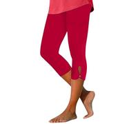 Capri Leggings for Women UK Ladies Knee-Length High Waist Solid Hollow Trouser Slim Bottoming Tummy Control Crop Athletic Workout Legging Casual Stretchy Trousers Yoga Fitness Cycling Trouser 3-Red M