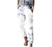 Capri Lounge Pants for Women UK Sale Clearance Sunflower Print Trousers with Pockets Ladies Cotton Linen Trousers Tapered Joggers Casual Elastic Waist Fashion Tracksuit Bottoms for Summer Beach