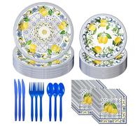 Capri Mediterranean Lemon Party Supplies - Tableware Set for 32 Guests With Plates, Spoons, Forks, Napkins, Birthday Decoration Supplies