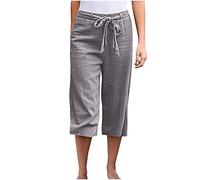Capri Pants Drawstring Elasticated Waist Linen Trousers 3/28 Length Cropped Bottoms for Women UK Three Quarter Pants Gym Sweatpant Summer Wide Leg Harem Tracksuits Gray