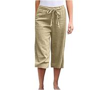 Capri Pants Drawstring Elasticated Waist Linen Trousers 3/36 Length Cropped Bottoms for Women UK Three Quarter Pants Gym Sweatpant Summer Wide Leg Harem Tracksuits Khaki