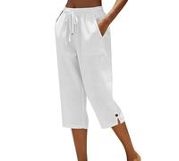 Capri Pants for Women,Petite Comfy Summer Three Quarter Length Trousers Stretchy Drawstring Waist Straight Leg Lounge Yoga Beach Capris Pants with Pockets White