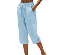 Capri Pants for Women UK - Capri Trousers Ladies Petite Comfy Summer Three Quarter Length Trousers Stretchy Waist Straight Leg Lounge Capris Bottom with Pockets for Beach Holiday Light Blue