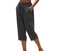 Capri Pants for Women UK - Capri Trousers Ladies Petite Comfy Summer Three Quarter Length Trousers Stretchy Waist Straight Leg Lounge Capris Bottom with Pockets for Beach Holiday Black
