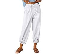 Capri Pants for Women UK Petite Comfy Cotton Linen Ladies 3/4 Length Trousers Cuffed Stretch Elasticated Waist Summer Cropped Trousers Wide Leg Lounge Yoga Beach Pants with Pockets White