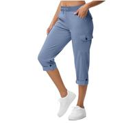 Capri Pants for Women UK Roll Hem Stretchy Cargo Joggers Bottoms Ladies Summer Three Quarter Capri Cropped 3/4 Trousers with Elasticated Waist Cherry Berry Summer Pants Sweatpants Sportwear Blue