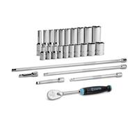 Capri Tools 1/4 in. Drive Master 6-Point Chrome Socket Set, 3/16 to 9/16 in., with Extension and 90-Tooth Soft Grip Ratchet, 26-Piece, SAE