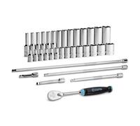 Capri Tools 1/4 in. Drive Master 6-Point Chrome Socket Set, 4 to 15 mm, with Extension and 90-Tooth Soft Grip Ratchet, 34-Piece, Metric