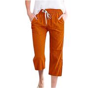 Capri Trouser for Women UK Casual 3/4 Length Elasticated High Waist Pants with Pocket Summer Straight fit Ladies Bottoms Lounge Pants Cotton Linen Trousers Lagenlook Style Comfy Trousers