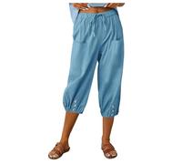 Capri Trousers for Women UK Cropped Pants with Pockets Summer Ladies 3/4 Length Trousers Cotton Stretch Sweatpants Crop Pull On Joggers Elasticated Waist Casual Work Yoga Holiday (Sky Blue, XXXL)