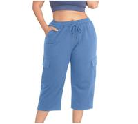 Capri Trousers for Women UK Elasticated Waist Summer Pants Ladies Loose Sweatpants Capri Joggers Soft Stretchy Cotton 3/36 Trousers Plus Size Cropped Trouser Knee Length Wide Leg Bottoms with Pockets