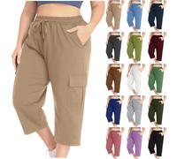 Capri Trousers for Women UK Elasticated Waist Summer Pants Ladies Loose Sweatpants Capri Joggers Soft Stretchy Cotton 3/32 Trousers Plus Size Cropped Trouser Knee Length Wide Leg Bottoms with Pockets