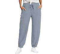 Capri Trousers for Women UK Solid Color Slim Fit Petite Trousers Women Short Leg Drawstring Elastic Waist Cropped Linen Pants with Pockets Loose Lightweight Ankle Grazer Joggers Grey