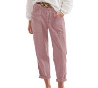Capri Trousers for Women UK Summer Tine Soft Linen Casual Trouses Button Adjustable High Waisted Harem Pants Comfortable Breathable Solid Color Classical 3/4 Trouses Cargo Trousers Pink