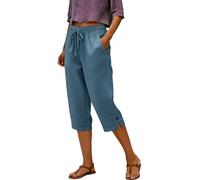 Capri Trousers for Womens Cotton Linen High Elasticated Waist with Pockets Summer Casual Cropped Pants Ladies Loose Fit Trousers Yoga Beach Holiday Womens Elegant Casual Loungewear Dark Blue