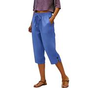 Capri Trousers for Womens Cotton Linen High Elasticated Waist with Pockets Summer Casual Cropped Pants Ladies Loose Fit Trousers Yoga Beach Holiday Womens Elegant Casual Loungewear Blue