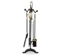 CAPRICAN Black & Brass Fireplace Companion Set 5 Piece - Loop Handle Fireside Tools with Poker Shovel Brush Tongs & Stand - Classic Black Fire Tool Set for Wood Burners Stoves (FIRE29)