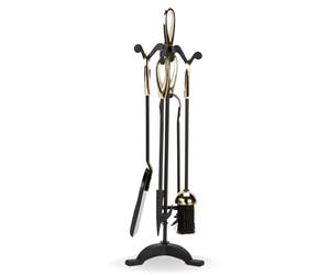 CAPRICAN Black & Brass Fireplace Companion Set 5 Piece - Loop Handle Fireside Tools with Poker Shovel Brush Tongs & Stand - Classic Black Fire Tool Set for Wood Burners Stoves (FIRE29)