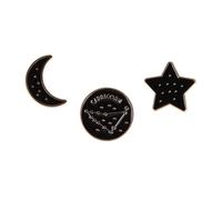 Capricorn Themed Gift Set Collection Of 3 Badges Including A Black Studded Crescent Moon, Capricorn Zodiac Star Sign And A Star