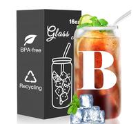 CAPRIFIC Personalised Glass Cup with Bamboo Lid and Straw - Monogrammed Gifts for Women - 16oz Iced Coffee Cup - Birthday Gifts for Women, Friend, Mum