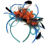 Caprilite Aqua Cornflower Blue and Orange Net Hoop Feather Hair Fascinator Headband Wedding Royal Ascot Races