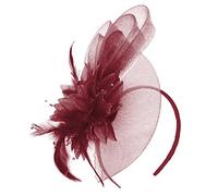 Caprilite Burgundy Fascinator Headband Flower Wedding Ascot Races Net Hat Feathers