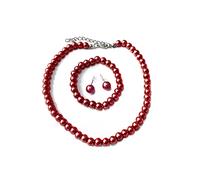 Caprilite Classic Children's Girls Kids Faux Pearl Necklace Bracelet Earrings Jewelry Party Set UK (Burgundy Wine Red)