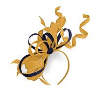 Caprilite Mix Swirl Fascinator Hat on Headband Wedding Ascot Races Bespoke Sinamay for Ladies (Mustard Yellow Gold and Navy)