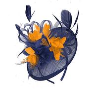 Caprilite Navy Blue and Orange Sinamay Disc Saucer Fascinator Hat for Women Weddings Headband